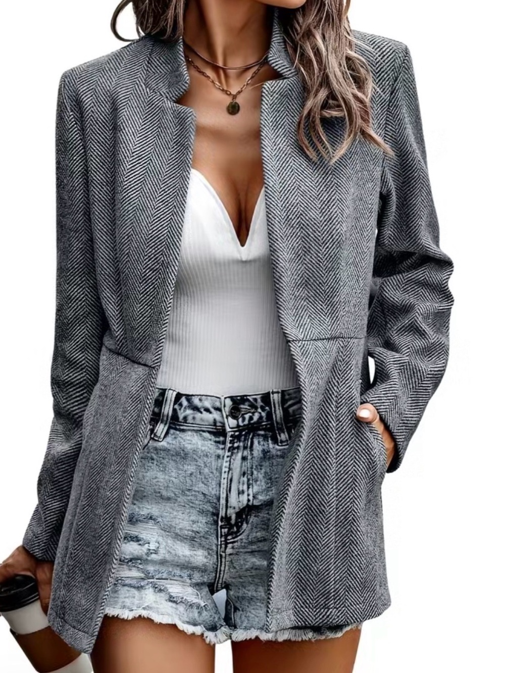 Womens Grey Herringbone Open Front Blazer Jacket